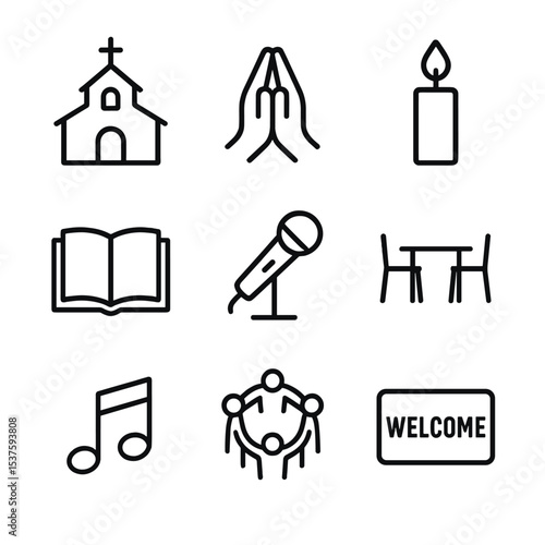 Faith Icons Grid. Outline icon set of faith-based gatherings: church silhouette, prayer hands, candle flame, scripture book, choir