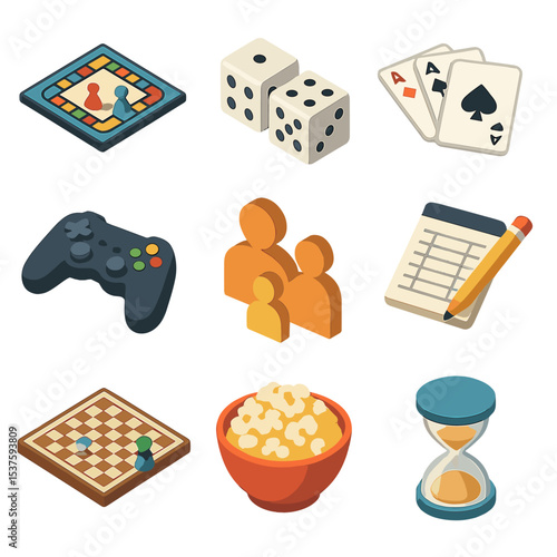 Family Game Night Icons. Isometric Flat icon set of family game night: board game, dice, playing cards, game controller, game
