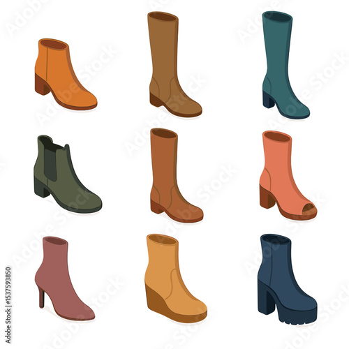 Fashion Boot Icons. Isometric Flat icon set of fashion boots styles: ankle boot, knee-high boot, over-the-knee boot, Chelsea boot,