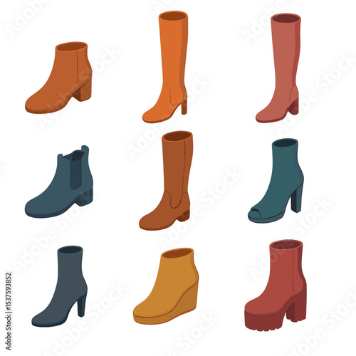 Fashion Boot Icons. Isometric Flat icon set of fashion boots styles: ankle boot, knee-high boot, over-the-knee boot, Chelsea boot,