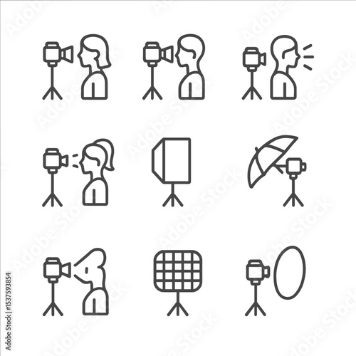 Fashion Lighting Icons. Outline icon set of lighting setups in fashion photography: key light, fill light, backlight, hair light,