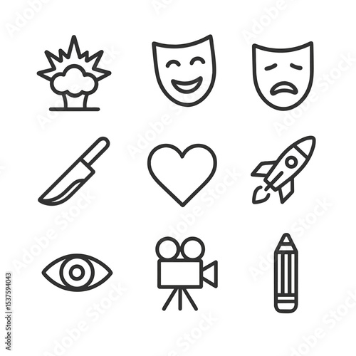 Film Genre Icon Set. Outline icon set of film genre cues in script: action explosion, comedy mask, drama mask, horror slash,