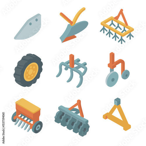 Field Plowing Icon Set. Isometric Flat icon set of field plowing tools: plowshare, moldboard plow, harrow, tractor wheel,