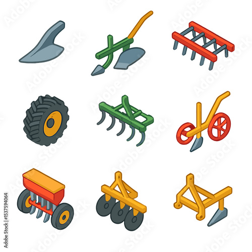 Field Plowing Icon Set. Isometric Flat icon set of field plowing tools: plowshare, moldboard plow, harrow, tractor wheel,