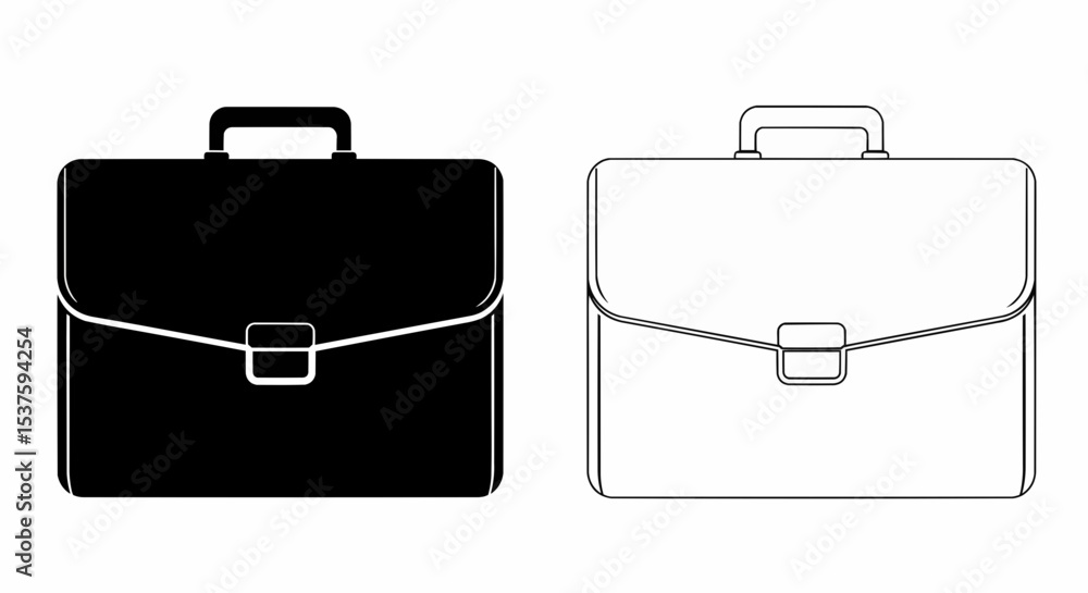 This high-quality vector image features two briefcase silhouettes: a solid black one and a black outline version, both with rounded corners, a flap, a clasp, and a handle, all with fine details. This high-quality vector image features two briefcase silhouettes: a solid black one and a black outline version, both with rounded corners, a flap, a clasp, and a handle, all with fine details.