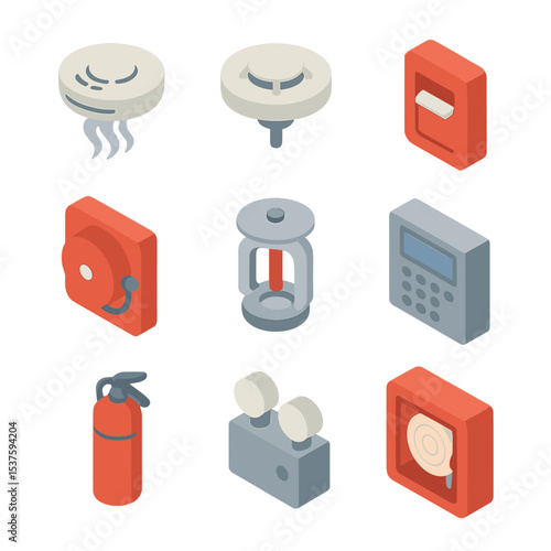 Fire Safety Icon Set. Isometric Flat icon set of fire alarm system: smoke detector, heat detector, manual pull station, fire alarm