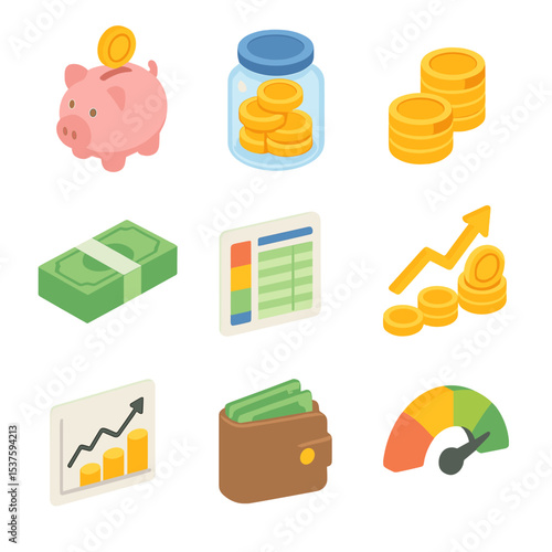 Financial Goals Icons. Isometric Flat icon set of Financial Goals and Savings: piggy bank full, savings jar, stacked coins,