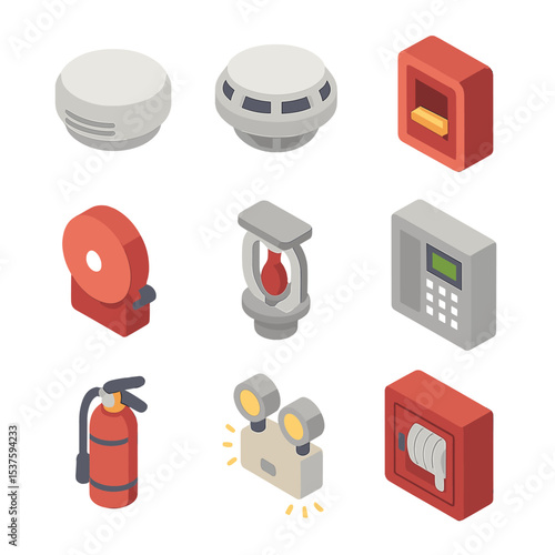 Fire Safety Icon Set. Isometric Flat icon set of fire alarm system: smoke detector, heat detector, manual pull station, fire alarm
