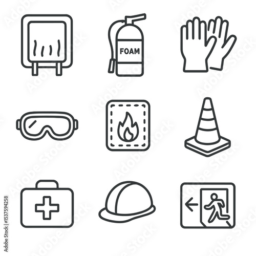 Fire Safety Icons. Outline icon set of fire safety gear: fire blanket, foam extinguisher, safety gloves, protective goggles,