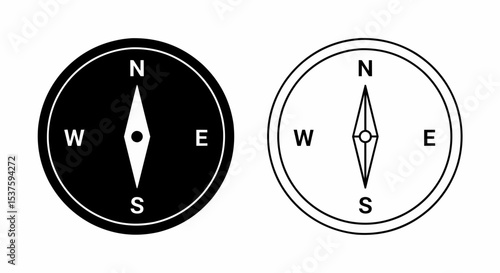 This high-quality vector image features a solid black circular compass icon with a white outline, a large white arrow pointing North, and white W, E, S letters, all with fine details.