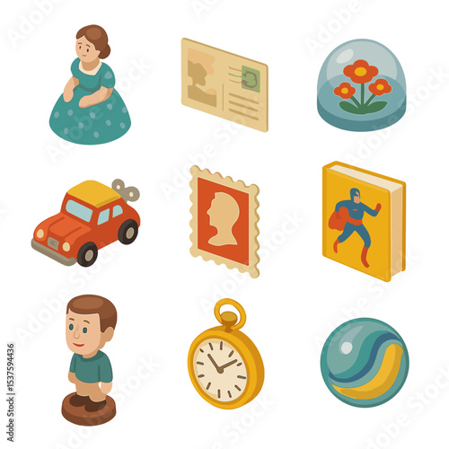 Flea Market Collectibles. Isometric Flat icon set of flea market collectibles: porcelain figurine, vintage postcard, glass