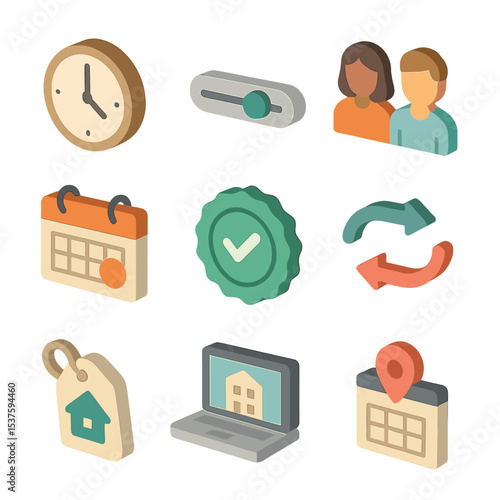 Flexible Work Icons. Isometric Flat icon set of flexible work arrangements: part-time clock, flextime slider, job share duo,