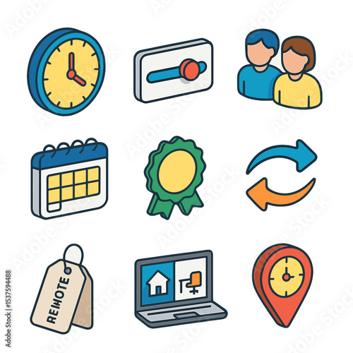 Flexible Work Icons. Isometric Flat icon set of flexible work arrangements: part-time clock, flextime slider, job share duo,