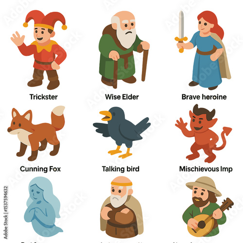 Folktale Icon Set. Isometric Flat icon set of folktale characters: trickster, wise elder, brave heroine, cunning fox, talking bird