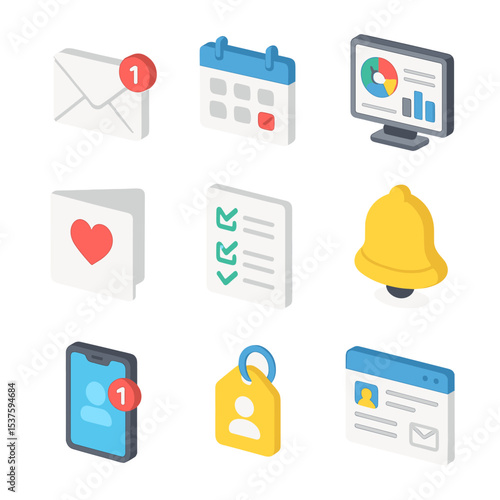 Follow-Up Tools Icons. Isometric Flat icon set of follow-up tools: email notification, calendar invite, CRM dashboard, thank-you