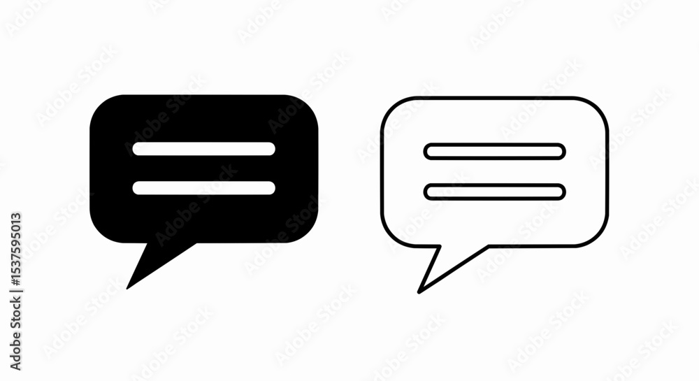 This high-quality vector image features two stylized speech bubble icons: a solid black one with white text lines and a black outline one with black text lines, both with fine details. This high-quality vector image features two stylized speech bubble icons: a solid black one with white text lines and a black outline one with black text lines, both with fine details.