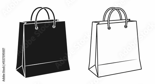 Two stylish shopping bags: a solid black silhouette with white stripes and a black striped version, both with folded corners and semi-circular handles, suitable for vector use.