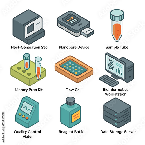 Gene Sequencing Icons. Isometric Flat icon set of gene sequencing technologies: next-generation sequencer, nanopore device, sample