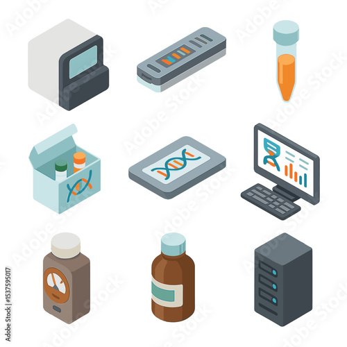 Gene Sequencing Icons. Isometric Flat icon set of gene sequencing technologies: next-generation sequencer, nanopore device, sample