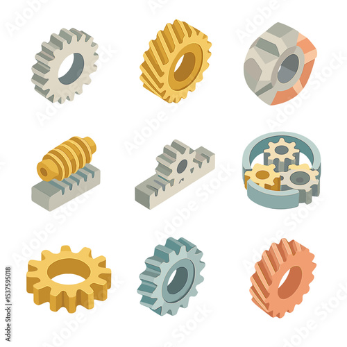 Gear Types Icons. Isometric Flat icon set of mechanical gear types: spur gear, helical gear, bevel gear, worm gear, rack gear,