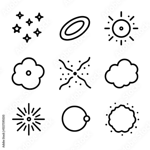 Galactic Nuclei Icons. Outline icon set of galactic nuclei: star cluster, dusty torus, central black dot, ionized gas cloud, radio