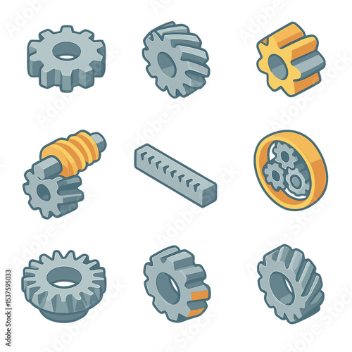 Gear Types Icons. Isometric Flat icon set of mechanical gear types: spur gear, helical gear, bevel gear, worm gear, rack gear,