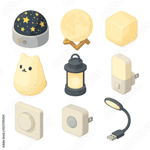 Gentle Night Lights. Isometric Flat icon set of gentle night lights: star projector, moon lamp, soft glow cube, animal-shaped lamp