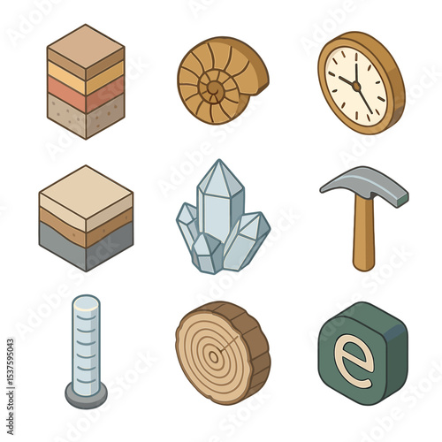 Geological Time Icons. Isometric Flat icon set of geological time scales: stratigraphic column, fossil ammonite, radiometric clock