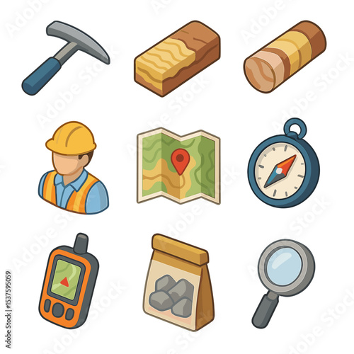 Geology Icon Set. Isometric Flat icon set of geological exploration: geological hammer, core sample, drill core, geologist, map,