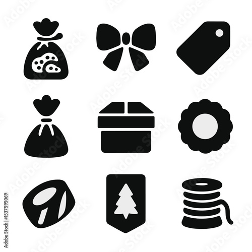 Gift Packaging Icons. Solid, Filled icon set of gift packaging treats: cookie bag, ribbon bow, gift tag, cellophane wrap, kraft