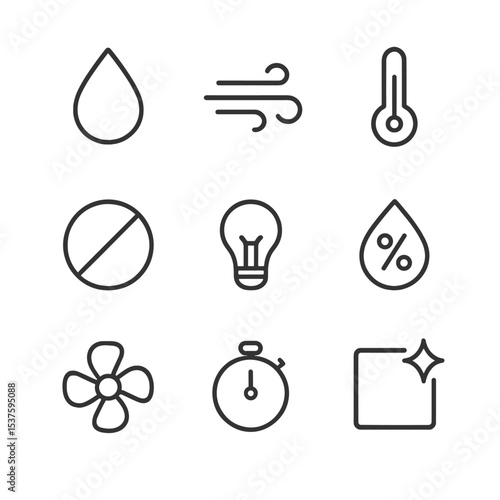Germination Icons Grid. Outline icon set of ideal germination conditions: water droplet, airflow icon, ambient temperature dial,