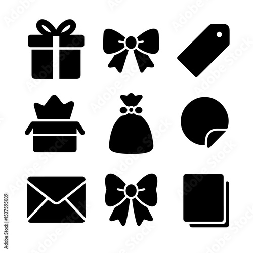 Gift Packaging Icons. Solid, Filled icon set of packaging and gifting: gift box, ribbon tie, gift tag, tissue paper, cellophane