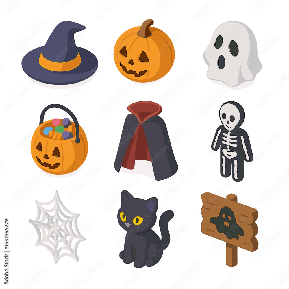 Halloween Icon Collection. Isometric Flat icon set of Halloween costume shopping: witch hat, pumpkin lantern, ghost mask, candy Halloween Icon Collection. Isometric Flat icon set of Halloween costume shopping: witch hat, pumpkin lantern, ghost mask, candy