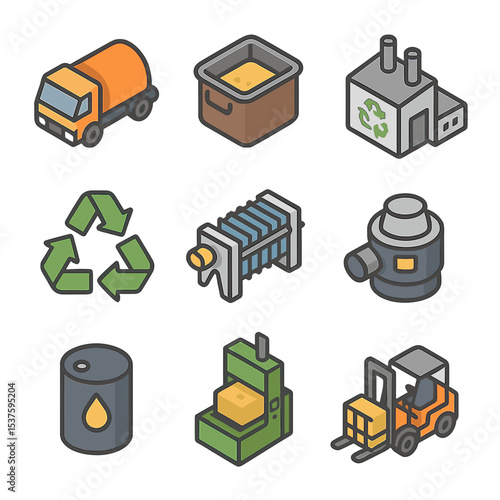 Grease Recycling Icons. Isometric Flat icon set of grease trap disposal and recycling: tanker truck, disposal bin, recycling