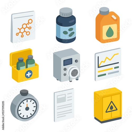 Grease Trap Treatment Icons. Isometric Flat icon set of grease trap chemical treatments: enzyme packet, bacterial culture bottle,