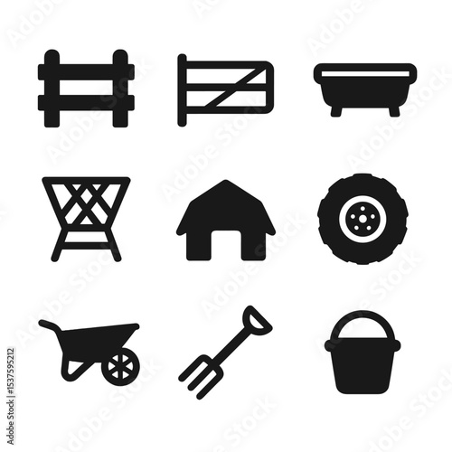 Grazing Equipment Icons. Solid, Filled icon set of grazing equipment: wooden fence, metal gate, watering trough, hayrack, barn
