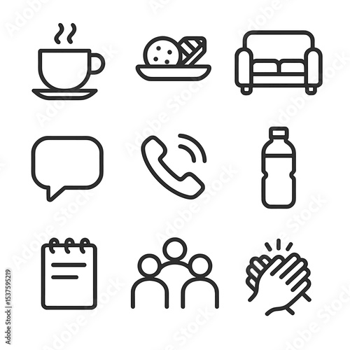 Green Room Icon Set. Outline icon set of green room interactions: coffee cup, snack tray, sofa, conversation bubble, phone call,