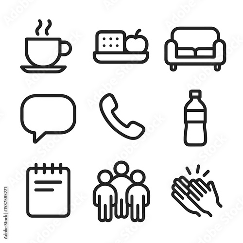 Green Room Icon Set. Outline icon set of green room interactions: coffee cup, snack tray, sofa, conversation bubble, phone call,