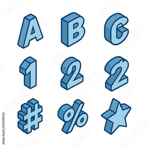 3D Isometric Icons Grid. Isometric Flat icon set of 3D extruded letters: letter A, letter B, letter C, number 1, number 2,