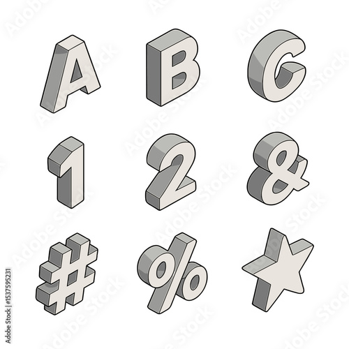 3D Isometric Icons Grid. Isometric Flat icon set of 3D extruded letters: letter A, letter B, letter C, number 1, number 2,