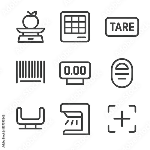 Grocery Scanning Icons. Outline icon set of grocery scanning: produce scale, PLU code pad, tare button, barcode label, weight