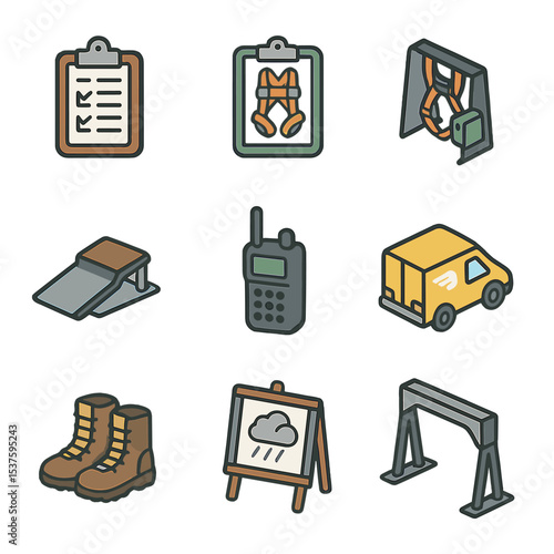 Ground Operations Icon Set. Isometric Flat icon set of ground operations & logistics: manifest clipboard, rig inspection checklist
