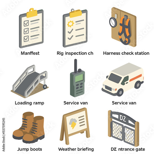 Ground Operations Icon Set. Isometric Flat icon set of ground operations & logistics: manifest clipboard, rig inspection checklist