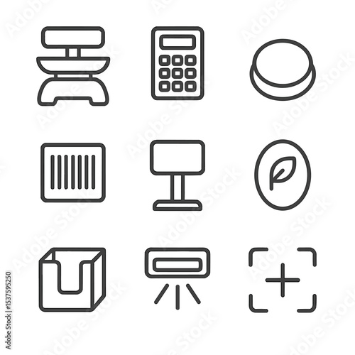 Grocery Scanning Icons. Outline icon set of grocery scanning: produce scale, PLU code pad, tare button, barcode label, weight