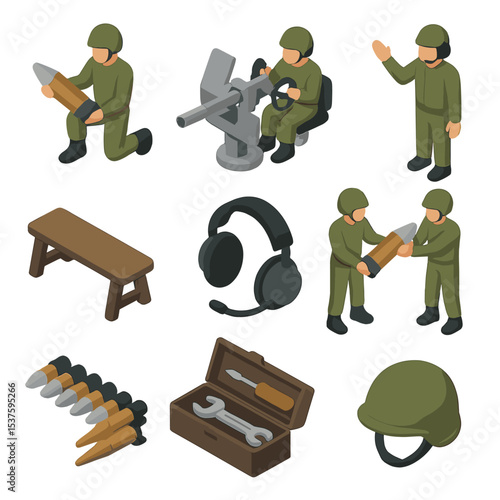 Gun Crew Icons. Isometric Flat icon set of gun crew operations: loader figure, gunner figure, commander figure, crew bench,