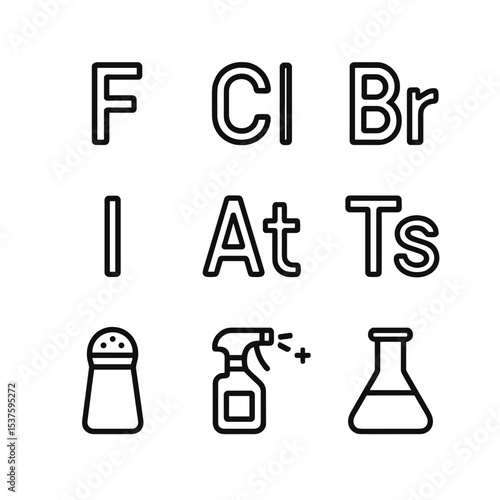 Halogens Icon Set. Outline icon set of halogens: fluorine, chlorine, bromine, iodine, astatine, tennessine, salt shaker,