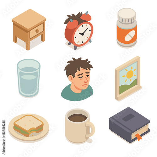 Hangover Morning Icons. Isometric Flat icon set of morning-after hangover scene: bedside table, alarm clock, aspirin bottle, water