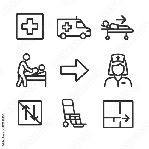 Hospital Evacuation Icons. Outline icon set of hospital evacuation: emergency ward sign, ambulance bay, stretcher route, patient