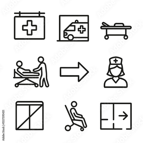 Hospital Evacuation Icons. Outline icon set of hospital evacuation: emergency ward sign, ambulance bay, stretcher route, patient