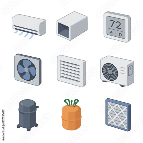 HVAC System Icon Set. Isometric Flat icon set of HVAC system parts: air conditioner unit, duct, thermostat, fan, vent, heat pump,